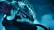 a giant dragon with glowing eyes is standing in front of a small building