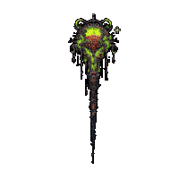 a pixel art drawing of a green monster with a skull on a stick on a white background .