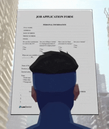 a man is looking at a job application form with the law district logo on it