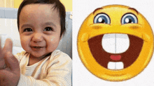 a baby next to a smiley face with a big smile