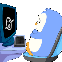 a penguin is sitting in front of a computer monitor with a smiley face on it