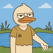 a cartoon of a duck waving in front of a body of water with the word gugo below it