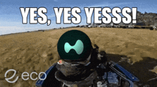 a graphic that says yes yes yesss on top of a sandy beach