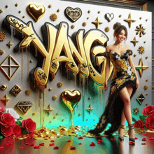 a woman in a dress stands in front of a wall with the word yang written on it