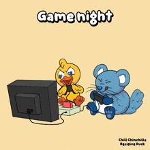 a cartoon of a duck and a mouse playing a video game with the words game night above them