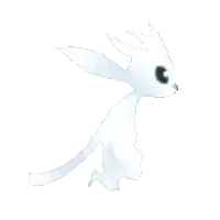 a white rabbit with a black eye is running on a white background .