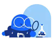 a blue cartoon character looking through a magnifying glass next to a beaker