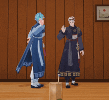 a man in a blue robe with chinese writing on it stands next to another man in a black robe with chinese writing on it