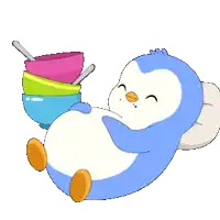 a cartoon penguin is laying down next to a stack of bowls