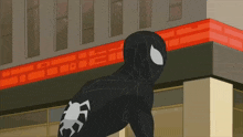 a cartoon of a spider man standing in front of a building with a sign that says ' spiderman ' on it