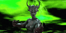 a monster with horns is standing in front of a green lightning strike .