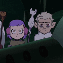 a couple of cartoon characters with purple hair and a cat on their head