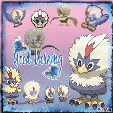 a picture of birds and butterflies with the words " good morning "
