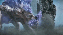 a purple monster is attacking a building with a sword