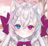 a close up of a anime girl with a purple bow on her head