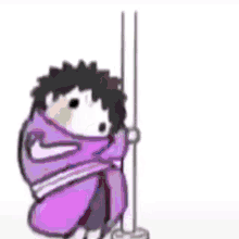 a cartoon of a hedgehog wrapped in a purple blanket sitting next to a pole .
