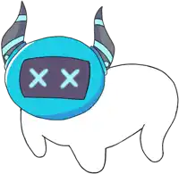a cartoon drawing of a monster with horns and a blue circle with xx on it