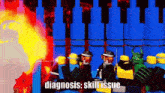 a group of lego characters are standing in front of a castle with the words " diagnosis : skill issue " written on the bottom