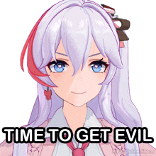 a girl with white hair and blue eyes has the words time to get evil written on her face