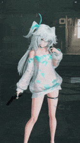 a girl with white hair is holding a sword in front of a door with the number 01
