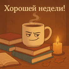 a cup of coffee with a face on it sits on top of a stack of books next to a candle