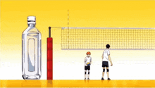 a couple of volleyball players standing next to each other on a court .