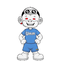 a cartoon character wearing a blue shirt that says umm on it