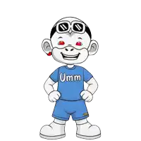 a cartoon character wearing a blue shirt that says umm on it