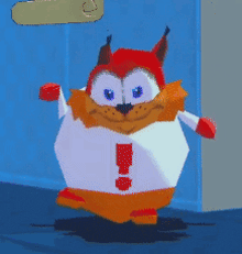 a cartoon character wearing a white shirt with an exclamation mark on it