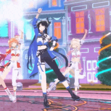 a group of anime girls are dancing in front of a purple building .