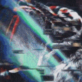 a painting of a person riding a roller coaster with a blue background