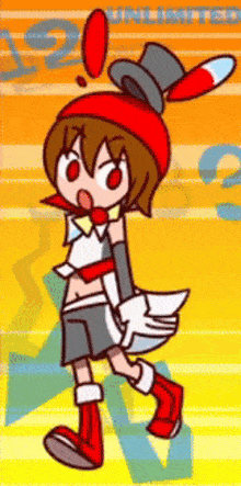 a cartoon girl with a top hat and bunny ears is standing in front of a sign that says " unlimited "