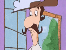 a cartoon character with a hat and mustache is standing in front of a window .