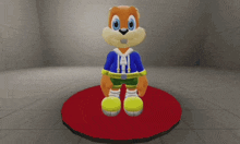 a stuffed animal standing on a red circle