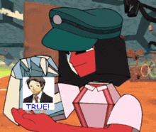 a cartoon character is holding a picture of a man with the word true on it