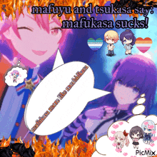 a collage of anime characters with the words mafuyu and tsukasa saying mafukasa sucks