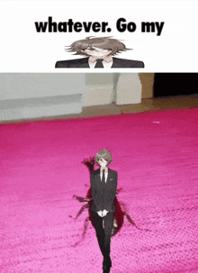 a man in a suit and tie is standing on a pink carpet with the words " whatever go my " at the top