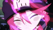 a girl with pink hair and a hat that says ' i ' on it