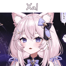 a picture of a girl with white hair and blue eyes has the word xal written above her