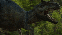 a dinosaur is walking through a forest with its mouth open and sharp teeth .