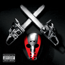 a parental advisory explicit content poster with two chainsaws and a mask