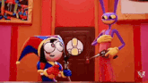 a cartoon character is holding a gun next to a cartoon character holding a gun .