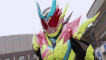 a close up of a cartoon character wearing a helmet and a costume