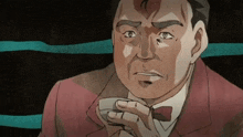 a man in a red suit and bow tie is holding a cup
