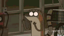 a cartoon character from regular show is smiling in a park