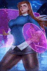 a woman in a blue shirt and black skirt is holding a pink object