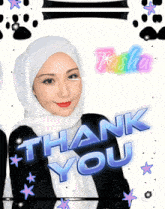 a woman wearing a hijab is surrounded by thank you messages