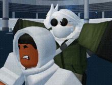 a cartoon character wearing a white hoodie is standing next to another cartoon character wearing a green jacket .