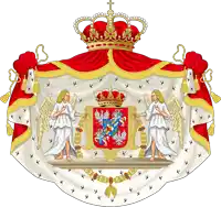 a coat of arms with two angels and a crown on it