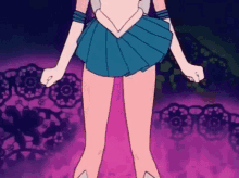 a cartoon girl in a blue skirt and white gloves is standing on a purple background .